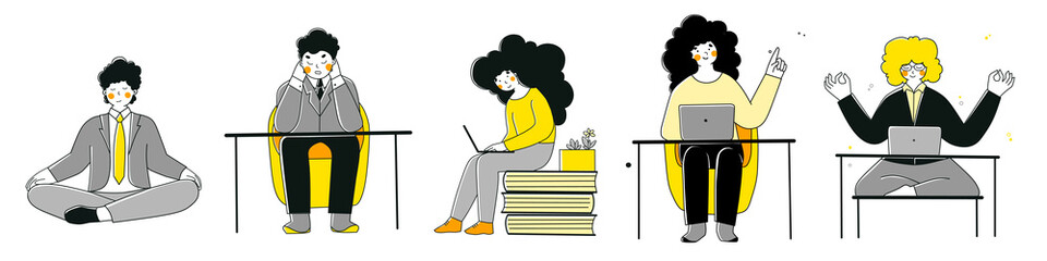 Flat character office workers. Stay home concept. Digital communication.