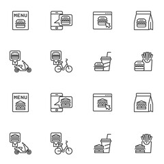 Fast food delivery line icons set