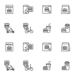 Fast food delivery line icons set