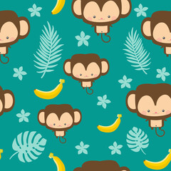 Cute monkey seamless pattern on blue background cartoon vector illustration