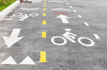 Asphalt bike lane in New York City, focus on the bike symbol, USA.