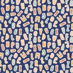 Vector illustration. Seamless pattern. Cheerful latin alphabet on blue background. Multicolored letters. For printing on fabric and paper. Hand drawn