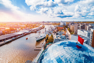 Aerial top view city Kaliningrad Russia museum of world ocean ships and submarine summer sunny day