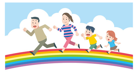 虹の上を走る家族のイラスト素材