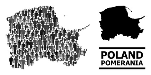 Map of Pomerania Province for demographics promotion. Vector population mosaic. Mosaic map of Pomerania Province organized of population pictograms. Demographic scheme in dark gray color variations. - obrazy, fototapety, plakaty