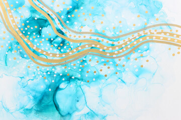 art photography of abstract fluid painting with alcohol ink, blue and gold colors