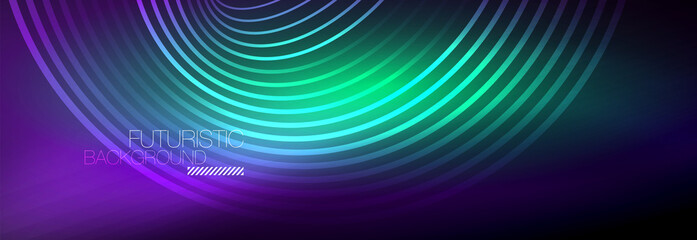 Dark abstract background with glowing neon circles. Trendy layout template for business or technology presentation, internet poster or web brochure cover, wallpaper