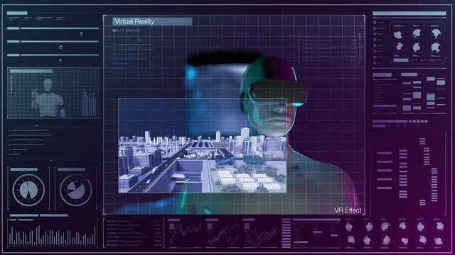 Artificial intelligence robot to control the city wearing virtual reality glasses in user interface background. Augmented reality Future technology, 4k animation.