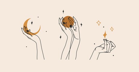 Hand drawn vector abstract stock flat graphic illustration with logo element,bohemian magic line art of woman hand,crescent,star and moon phase in simple style for branding,feminine astrology concept. - 438354434
