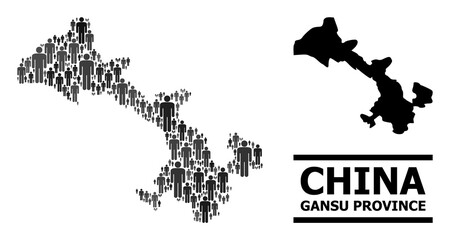 Map of Gansu Province for social posters. Vector population collage. Composition map of Gansu Province created of population elements. Demographic concept in dark grey color tinges.