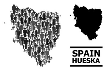 Fototapeta premium Map of Hueska Province for demographics purposes. Vector demographics mosaic. Concept map of Hueska Province created of men icons. Demographic concept in dark grey color hues.