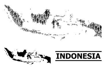 Map of Indonesia for political propaganda. Vector demographics mosaic. Mosaic map of Indonesia created of person elements. Demographic concept in dark gray color variations.