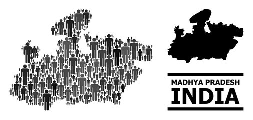 Map of Madhya Pradesh State for political projects. Vector nation mosaic. Mosaic map of Madhya Pradesh State made of guy pictograms. Demographic scheme in dark gray color tinges.