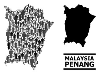 Fototapeta na wymiar Map of Penang Island for demographics propaganda. Vector demographics abstraction. Abstraction map of Penang Island constructed of human items. Demographic concept in dark grey color hues.