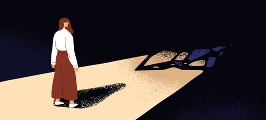Concept of stepping into unknown future. Person standing on light path, facing darkness. Woman before going toward fear, dark, scary and strange challenging way. Colored flat vector illustration