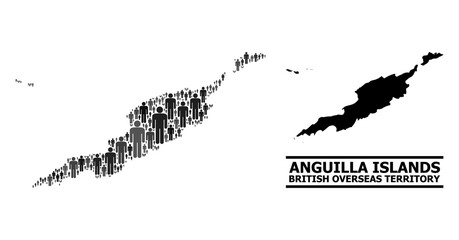 Map of Anguilla Islands for politics purposes. Vector population collage. Collage map of Anguilla Islands created of man icons. Demographic scheme in dark gray color shades.