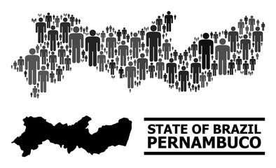 Map of Pernambuco State for politics posters. Vector demographics collage. Collage map of Pernambuco State designed of social pictograms. Demographic concept in dark grey color tints.