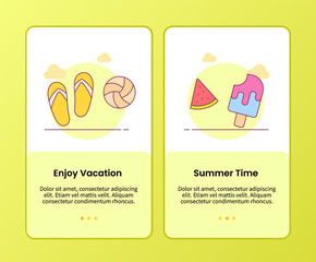 enjoy vacation summer time campaign for onboarding mobile apps application banner template with filled color style