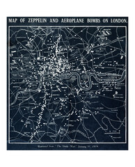 Vintage map of zeppelin and aeroplane bombs on London illustration wall art print and poster design remix from the original artwork.