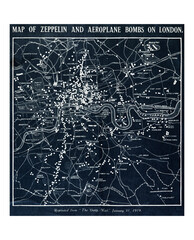 Vintage map of zeppelin and aeroplane bombs on London illustration wall art print and poster design remix from the original artwork. © Rawpixel.com