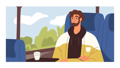 Young passenger traveling by bus, looking outside window at summer landscape with trees and sky. Happy tourist enjoying trip with coffee cup in comfortable transport. Colored flat vector illustration