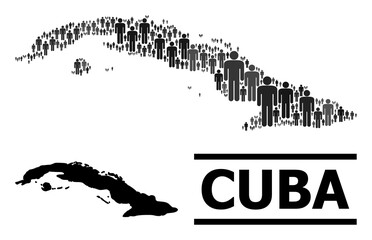 Map of Cuba for demographics projects. Vector demographics mosaic. Abstraction map of Cuba done of person icons. Demographic scheme in dark gray color shades.
