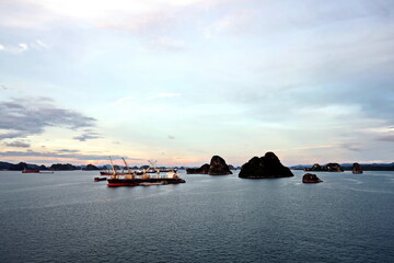 Various night views  roadstead and coastline of the Halong Bay. Port of Campha, China. October,...