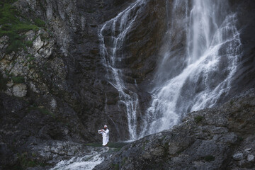 European Shugendo monk in traditional outfit hiking in the Austrian mountains, Austrian, Ötscher