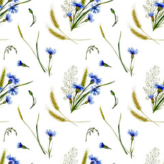 Floral seamless watercolor pattern of wildflowers and herbs. Blue cornflowers, wheat spikelets and meadow grasses. Summer illustration for printing - obrazy, fototapety, plakaty