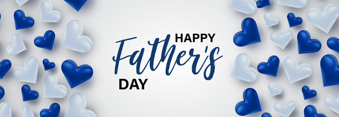 Happy Fathers Day. Banner background with lettering and blue hearts. Vector illustration.