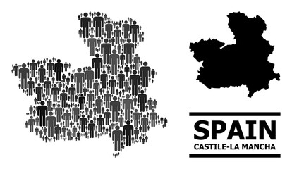 Fototapeta na wymiar Map of Castile-La Mancha Province for political purposes. Vector population collage. Collage map of Castile-La Mancha Province done of men elements. Demographic concept in dark grey color hues.