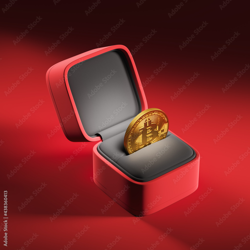 Aufkleber gold bitcoin coin in a red box from a ring on a dark background. side view. trading. investment. con