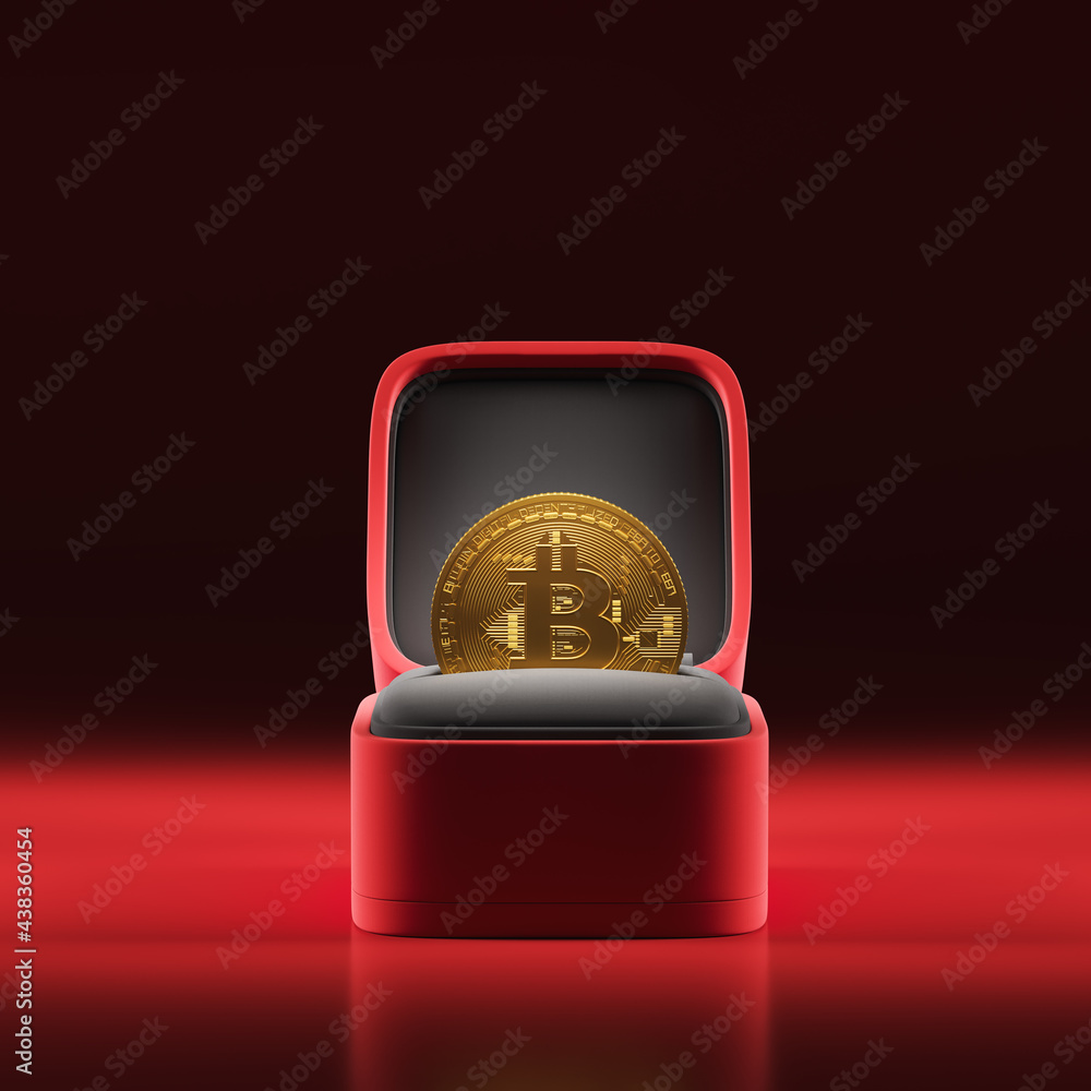 Aufkleber gold bitcoin coin in a red box from a ring on a dark background. cryptocurrency. mining. 3d renderin
