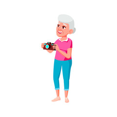 old woman photographing high tree in forest cartoon vector. old woman photographing high tree in forest character. isolated flat cartoon illustration