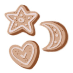 Gingerbread winter cookies collection. Different shapes of cookies. Isolated brown clipart of sweets on a white background. Cute winter food print