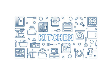 Fototapeta na wymiar Kitchen vector blue horizontal illustration or banner