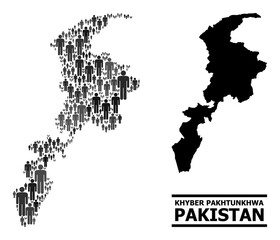 Fototapeta na wymiar Map of Khyber Pakhtunkhwa Province for politics propaganda. Vector demographics mosaic. Mosaic map of Khyber Pakhtunkhwa Province made of person icons. Demographic concept in dark gray color tints.