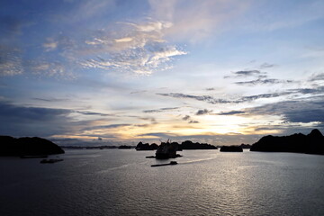 Various night views  roadstead and coastline of the Halong Bay. Port of Campha, China. October,...