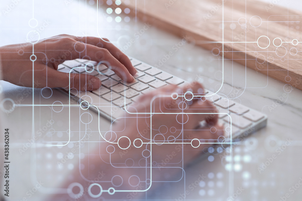 Poster woman hands typing the keyboard to create innovative software to change the world and provide a comp