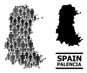 Map of Palencia Province for social promotion. Vector demographics collage. Pattern map of Palencia Province done of social icons. Demographic scheme in dark grey color variations.