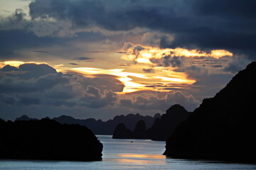 Various night views  roadstead and coastline of the Halong Bay. Port of Campha, China. October,...
