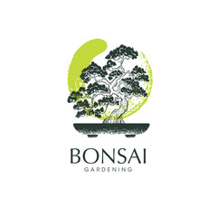 Japanese Bonsai Garden Tree Logo. Plant Silhouette Organic Icon Sign With Zen Circle. Creative Vector Illustration