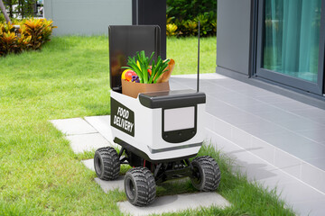 Autonomous robots deliver food to customers, Smart artificial intelligence technology concept