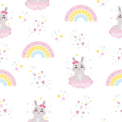 Cute bunny and rainbow seamless pattern. Children nursery illustration. Flat vector cartoon design