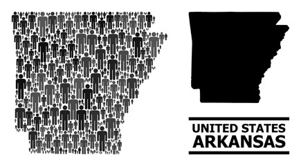 Map of Arkansas State for demographics agitprop. Vector demographics mosaic. Concept map of Arkansas State composed of man icons. Demographic scheme in dark grey color shades.