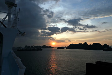 Various night views  roadstead and coastline of the Halong Bay. Port of Campha, China. October,...