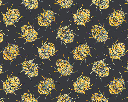 Seamless pattern with detailed illustrations of  beetle insects on a black background in dotted repeat.