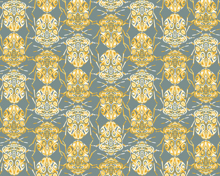 Seamless pattern with decorative illustrations of beetle insects on a green background in a vertical repeat.
