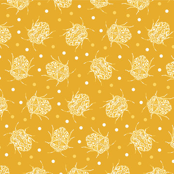 Seamless pattern with detailed illustrations of beetle insects on a dark yellow, dotted background in scattered repeat.