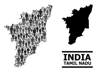 Map of Tamil Nadu State for demographics propaganda. Vector population collage. Mosaic map of Tamil Nadu State composed of population items. Demographic concept in dark grey color tones.